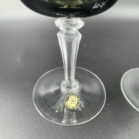 Sasaki Glass Platinum Rim Smokey Green Black Goblet Glasses Cups 7inch Set 2 VTG - Picture 11 of 11